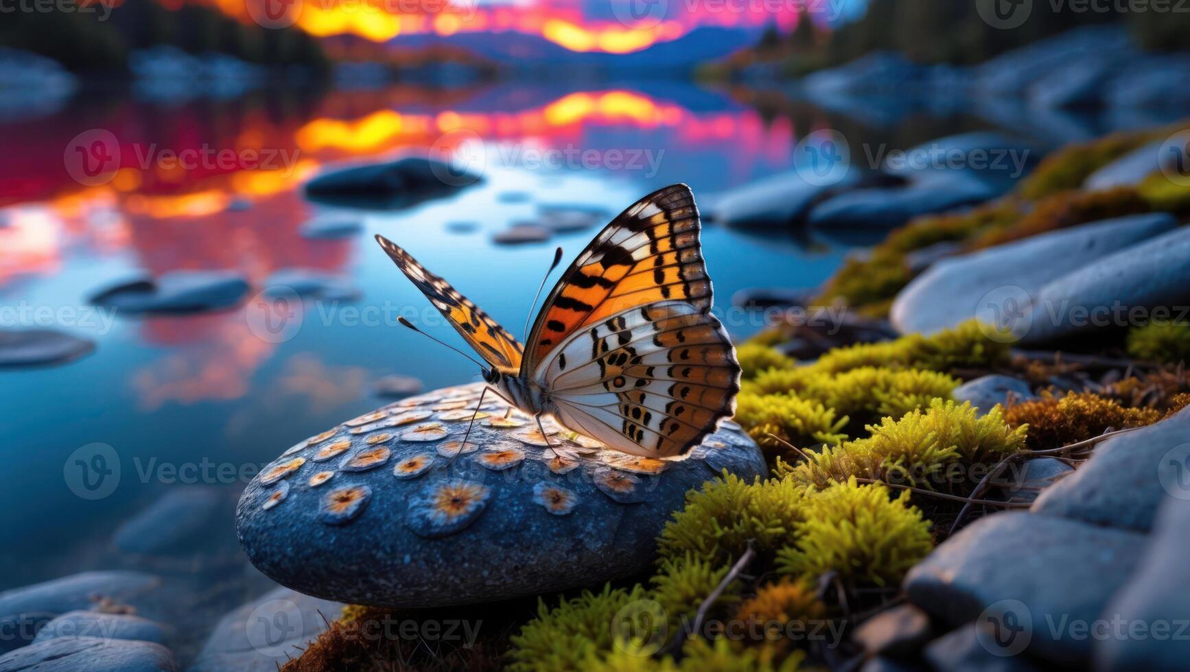 Butterfly Resting on Rock with Lake Reflection at Sunset photo