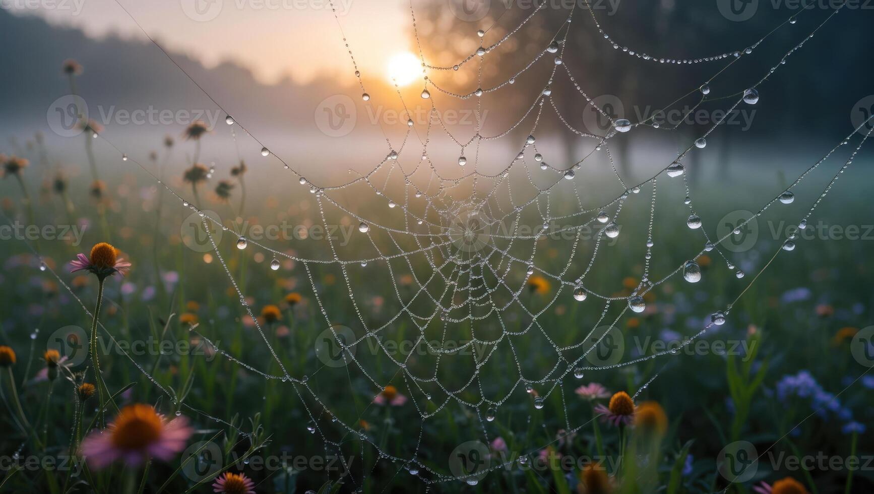 A spider web is surrounded by dew drops in the morning photo
