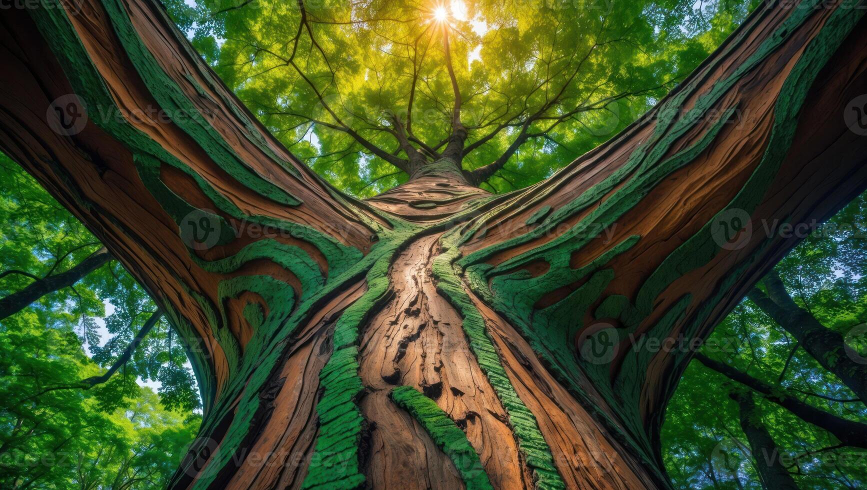 Looking Up at Tall Tree with Green Canopy and Sunlight photo