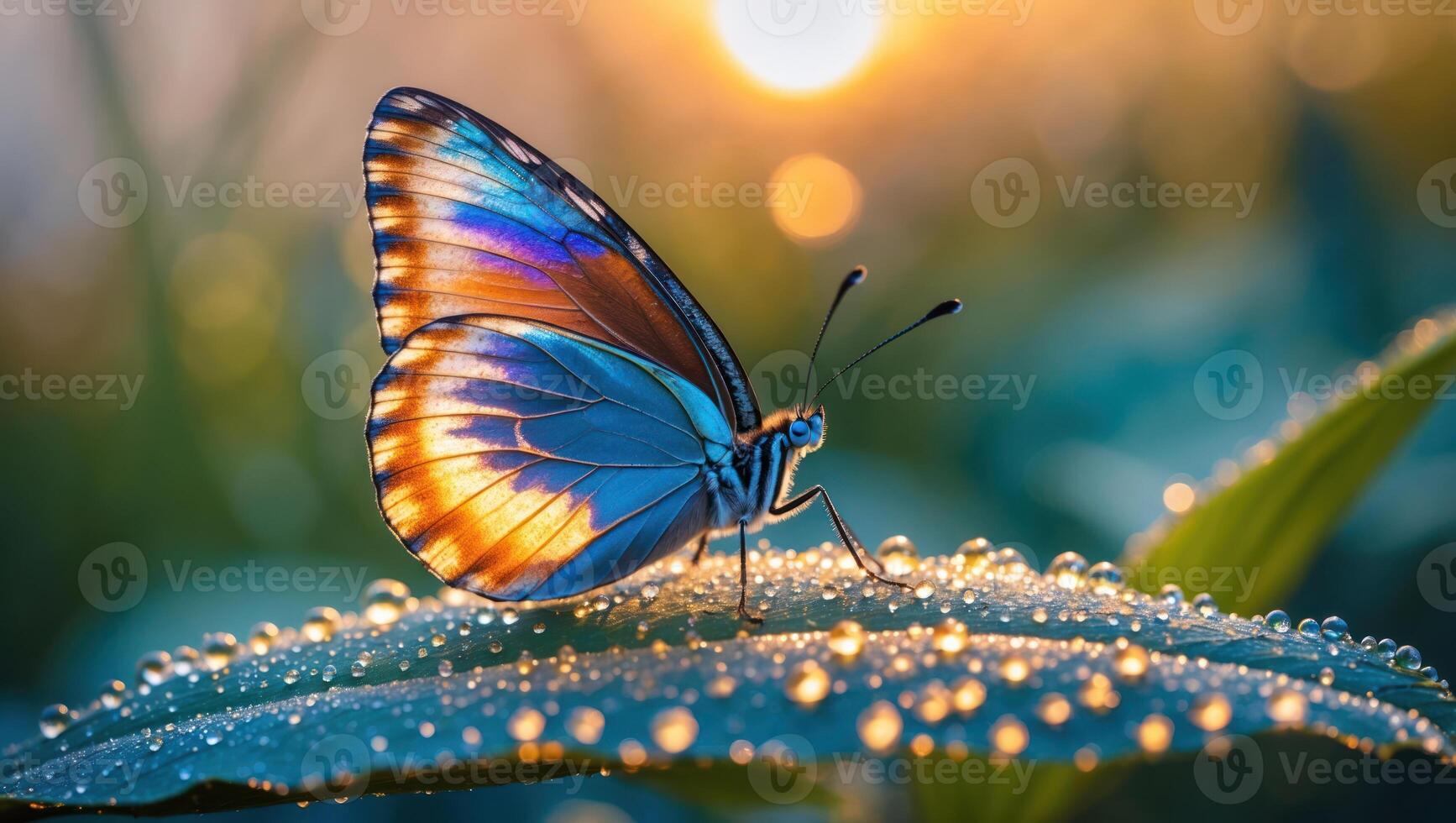 Butterfly on Leaf with Dew Drops Glowing in Sunlight photo
