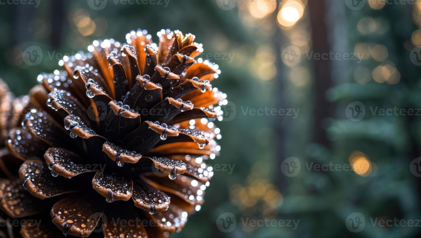 Pinecone with Water Droplets Sparkling in Forest photo