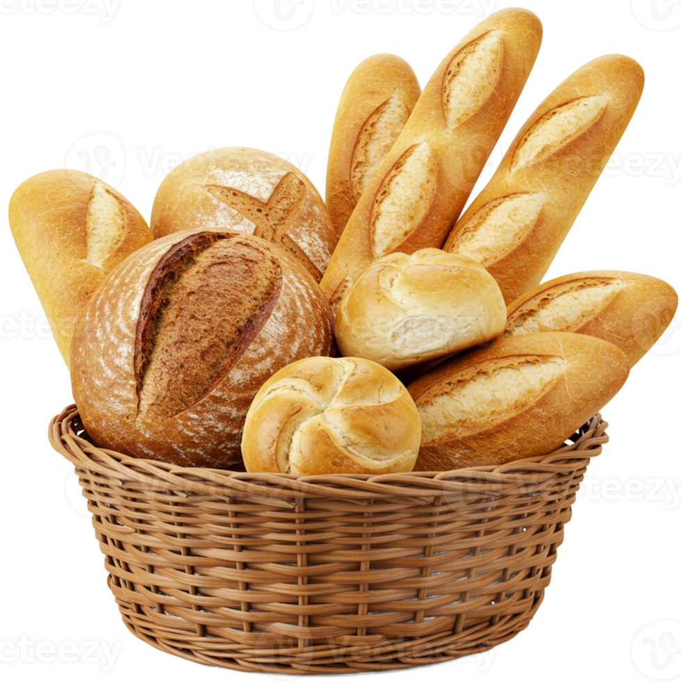 Bread basket displaying an assortment of fresh loaves and rolls png