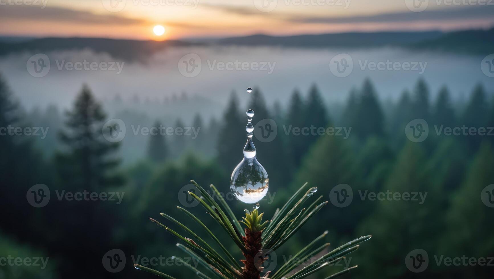 Water Drop on Pine Needle Reflecting Forest Sunrise photo