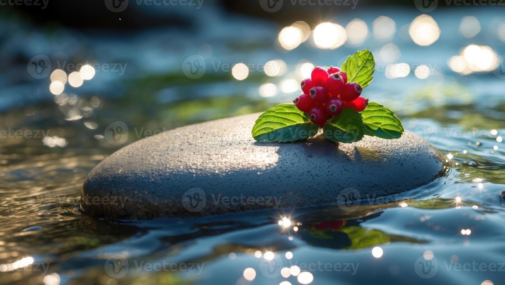 Red Berries on Rock in Flowing Water with Sunlit Surface photo
