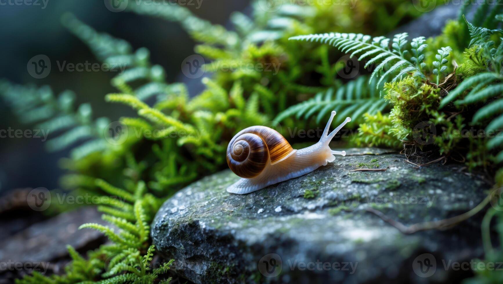Snail Crawling on Rock Surrounded by Ferns and Moss photo