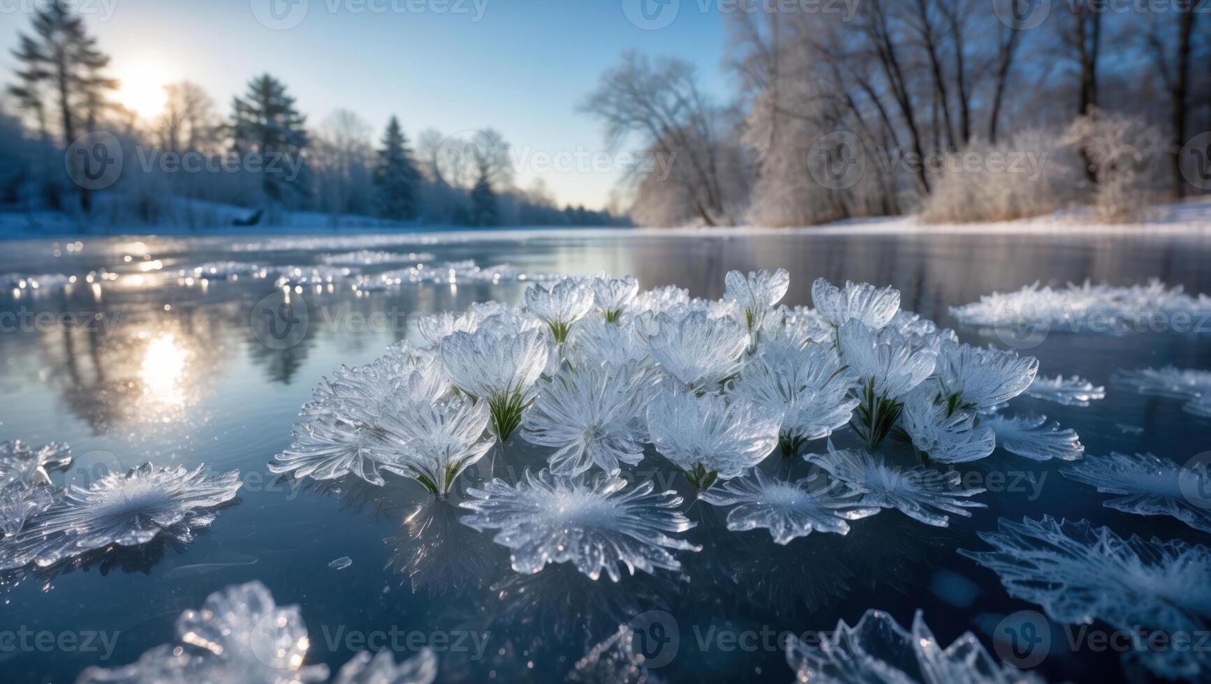 Frozen Ice Flowers on a Cold Winter Lake Surface photo