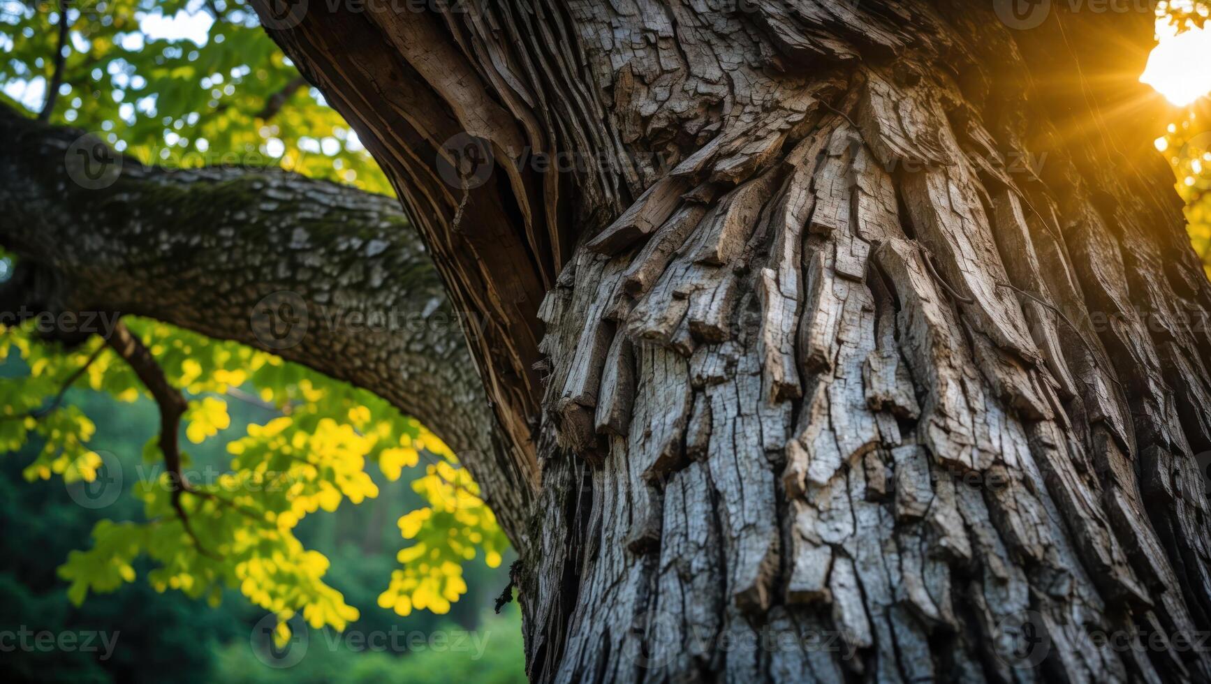 Upward View of Tree Bark Texture with Sun Shining Through photo
