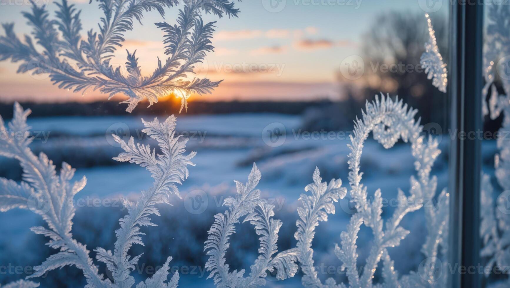 Frost Pattern on Window with Snowy Field at Sunrise photo