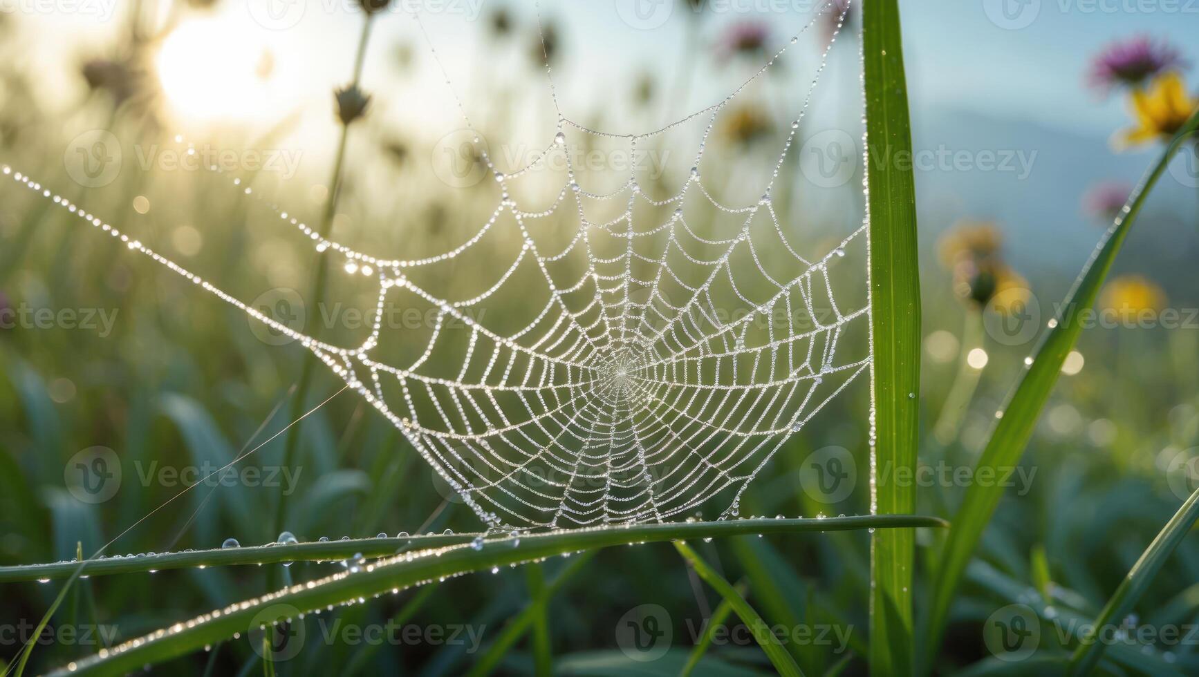Spiderweb with Dew Drops in a Grassy Field at Dawn photo