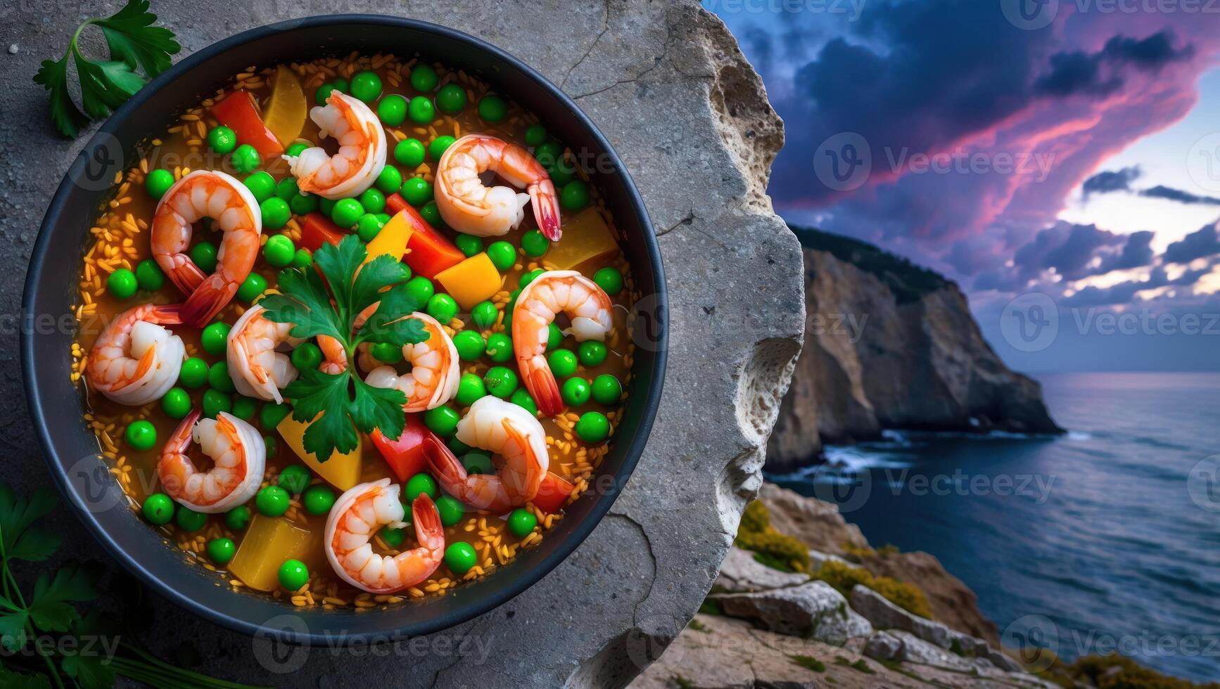 Shrimp Paella with Pea Near Coastal Cliff at Dusk photo