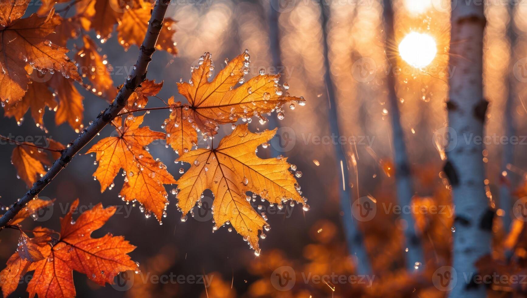 Maple Leaves with Water Droplets in Forest Setting photo