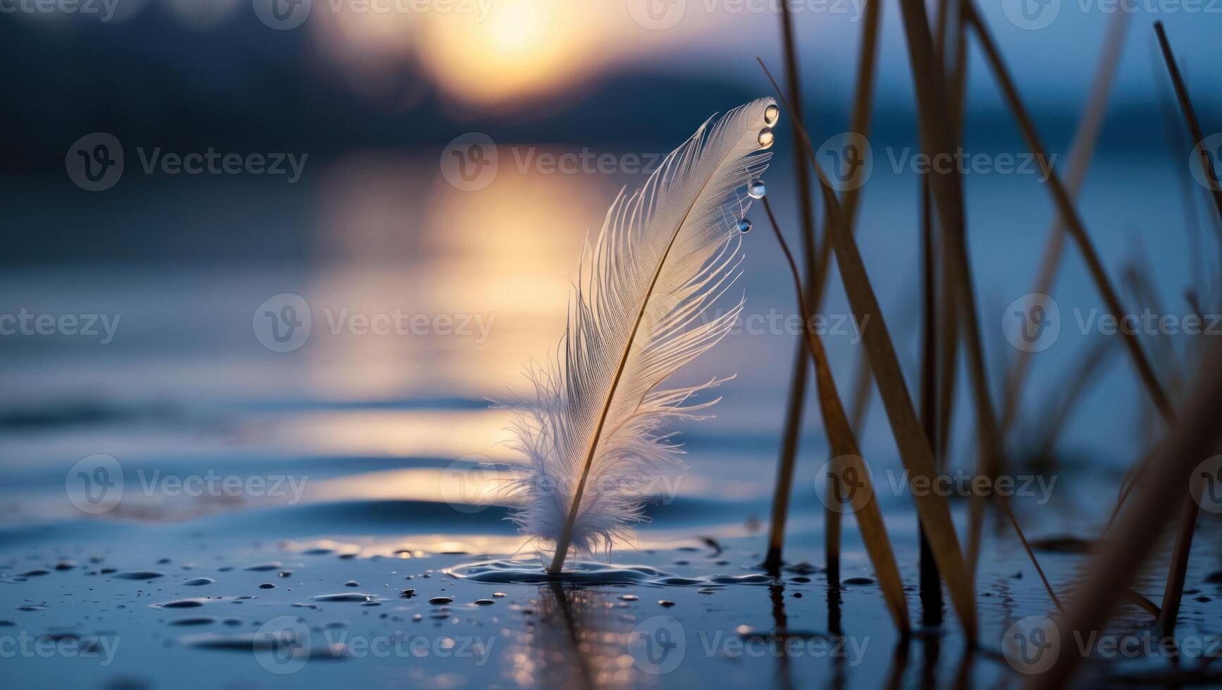 Feather Floating Gently on Water at Sunset photo
