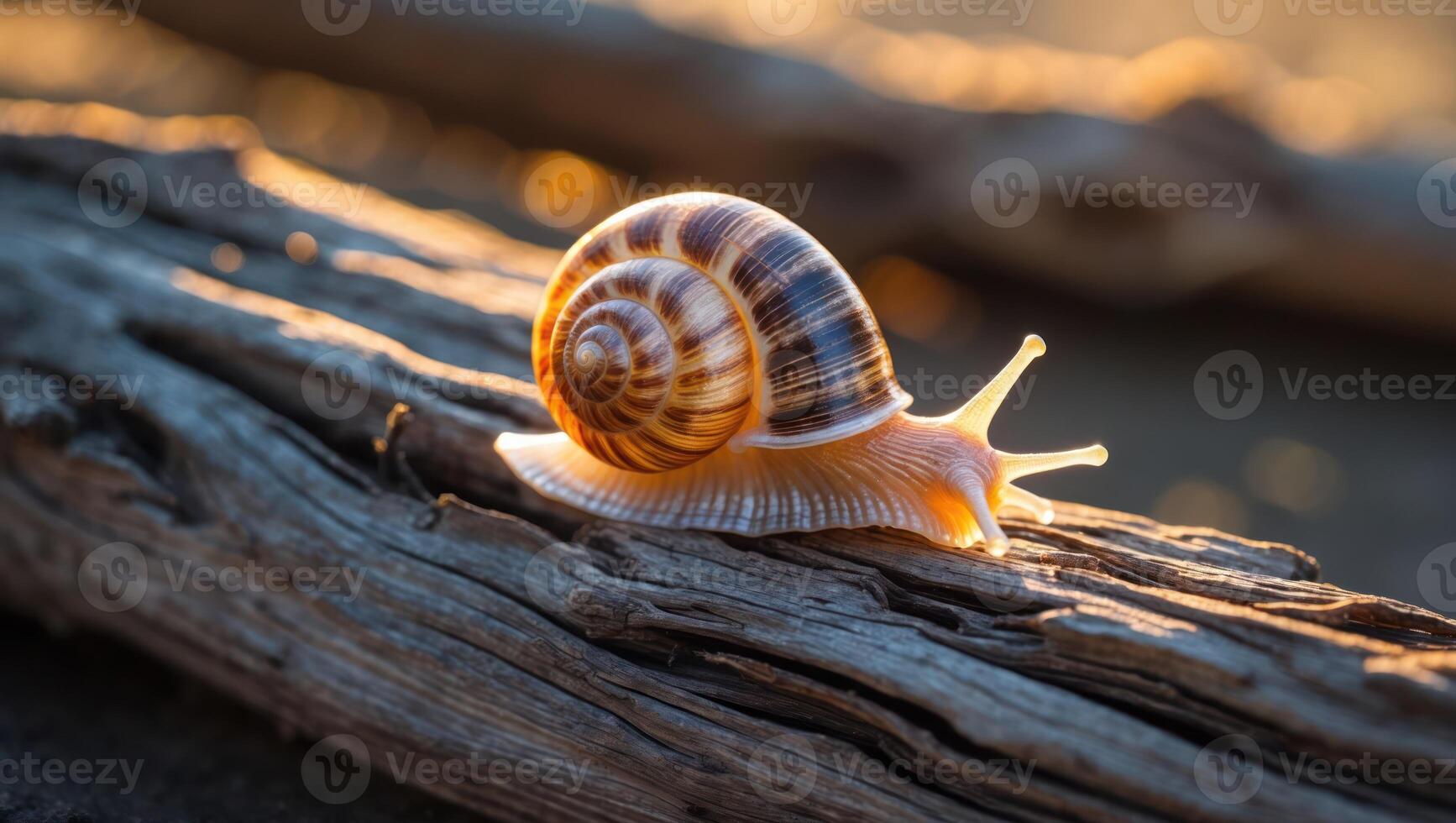 Snail Crawling on Log in Warm Sunset Light photo