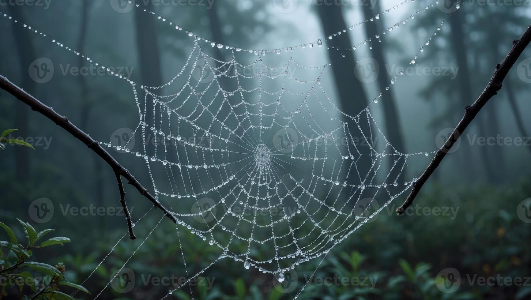 Spiderweb Covered with Dew Drops in Misty Forest photo