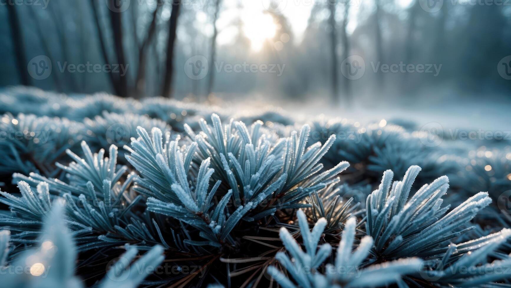 Frosty Pine Needles in Winter Forest Sunlight photo