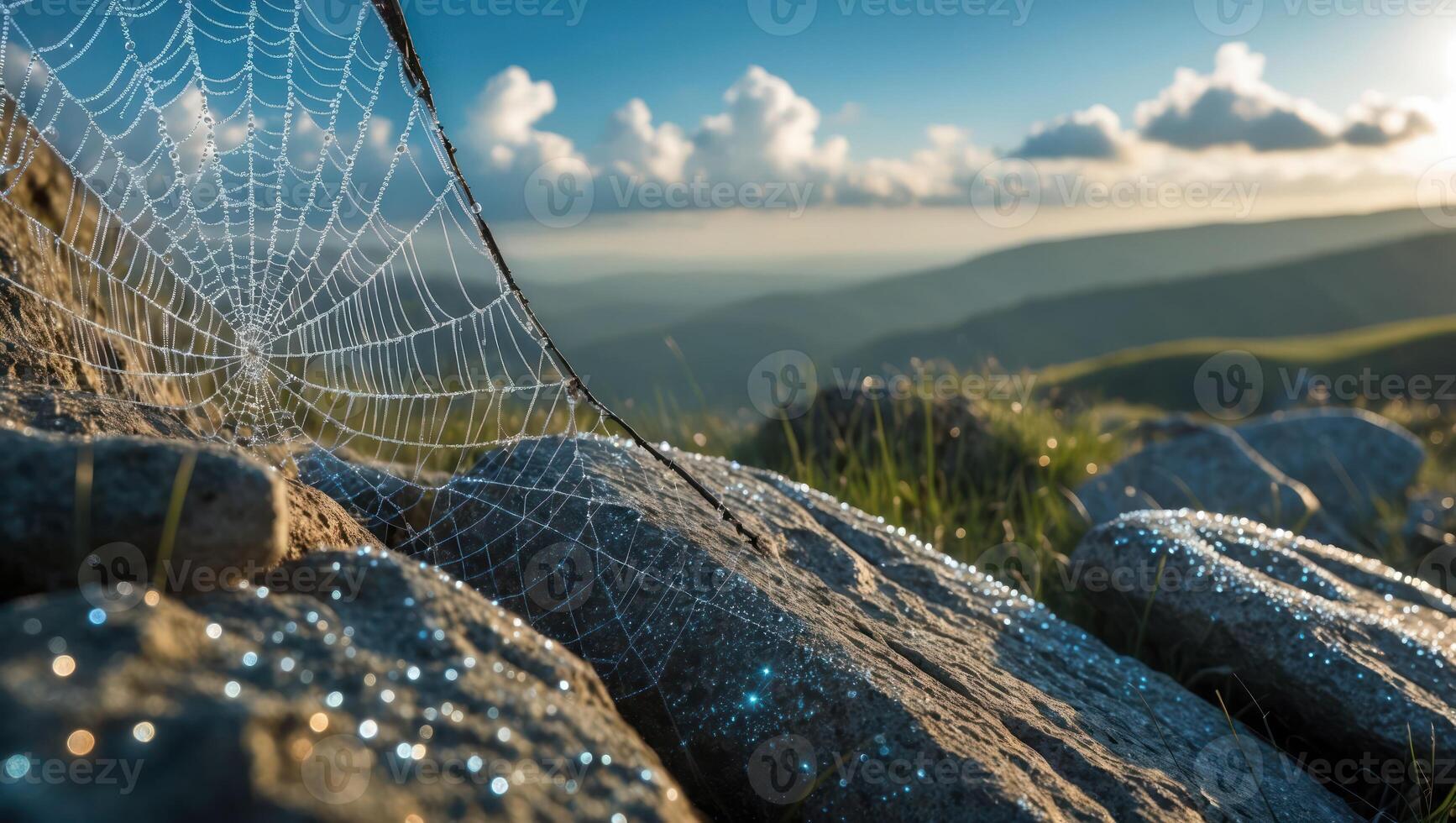 Spiderweb on Rocks with Dew in Mountain Landscape photo