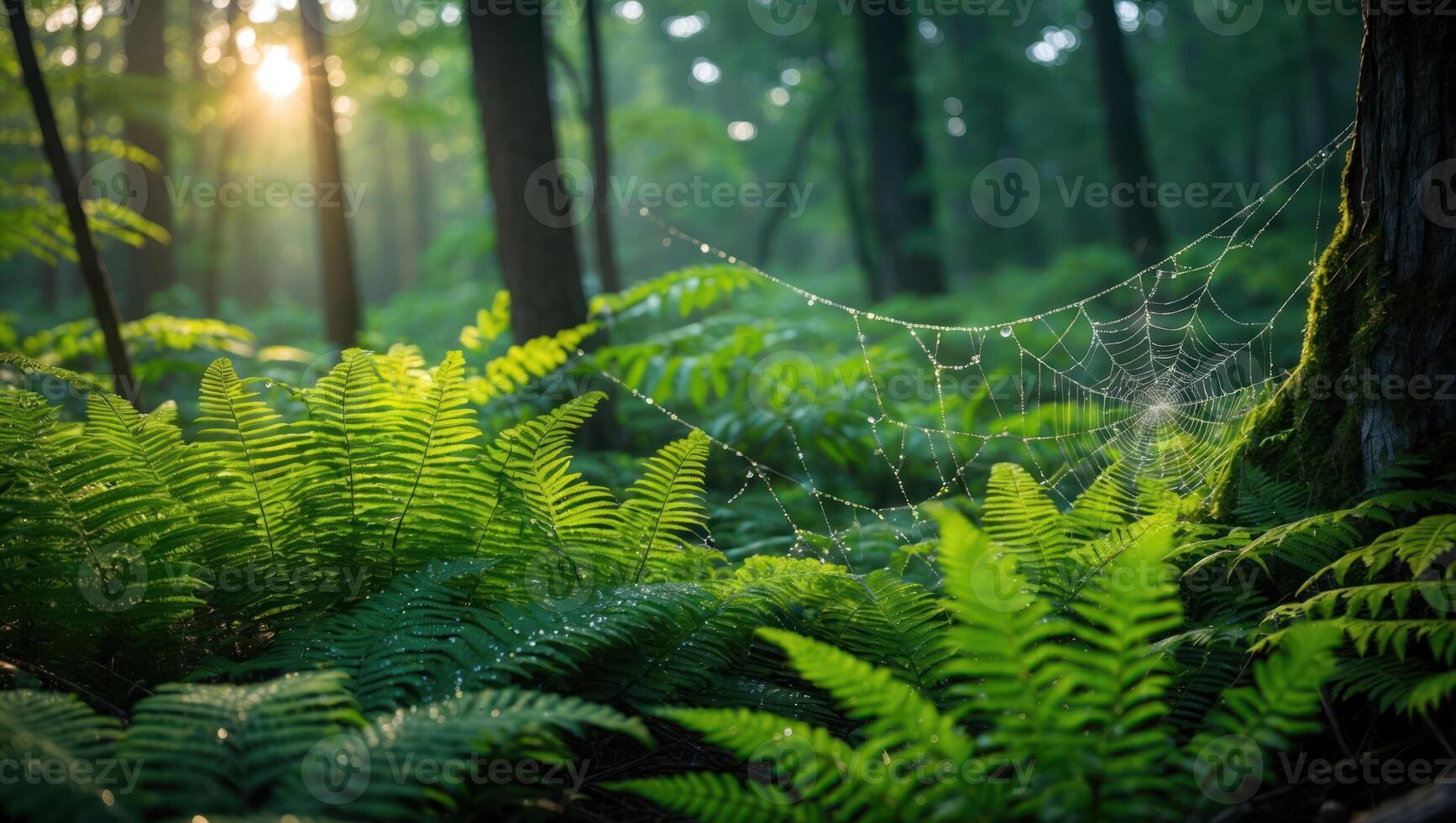 Ferns and Spiderweb in Forest with Sunlight photo