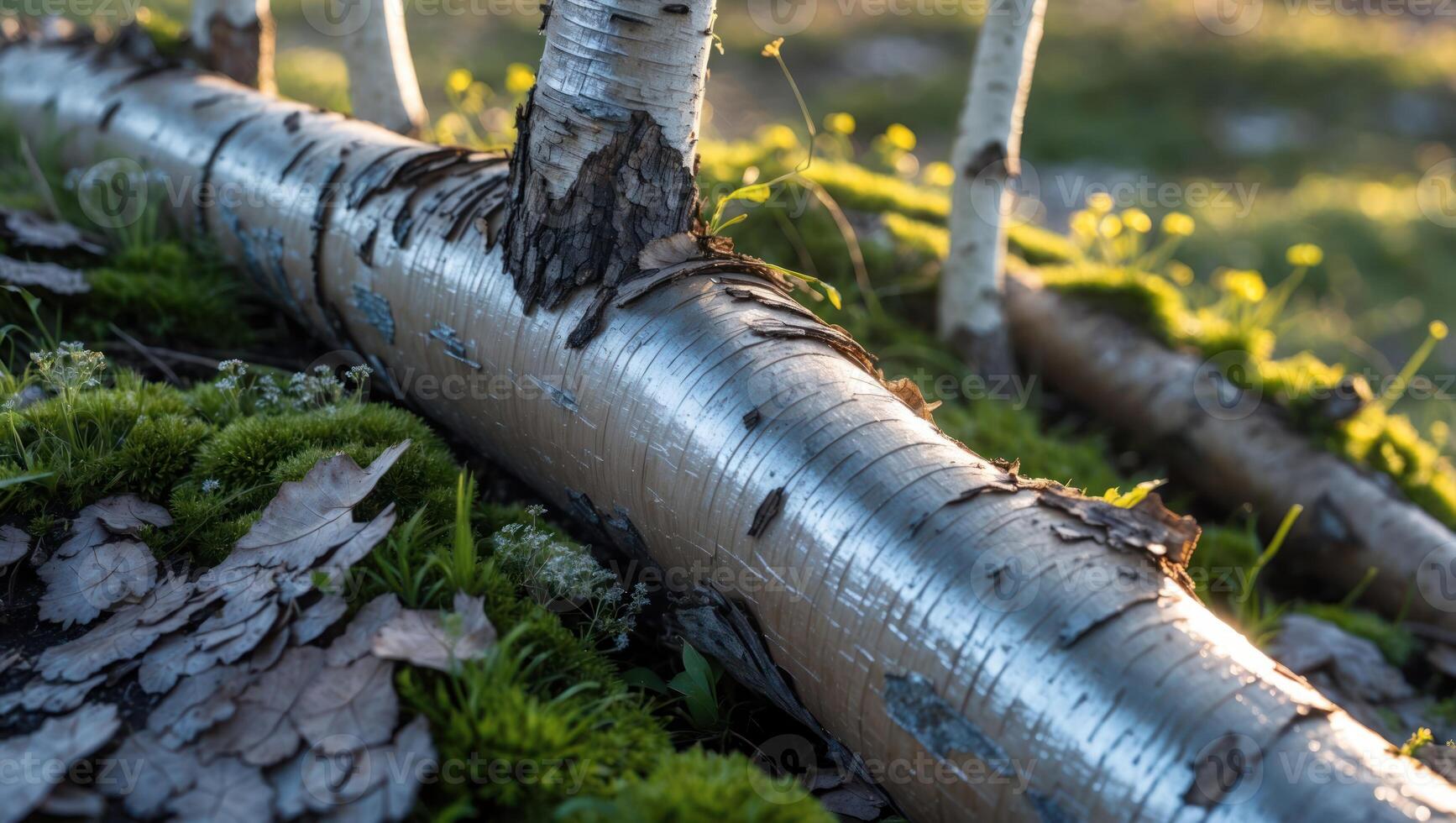 Fallen Birch Log in Forest with Sunlight photo
