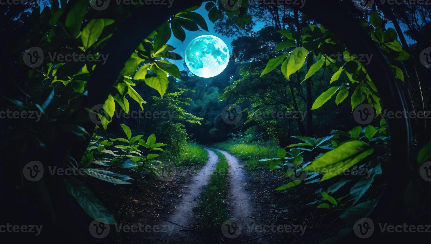 Walking Path Forest Moonlight Green Leaves photo