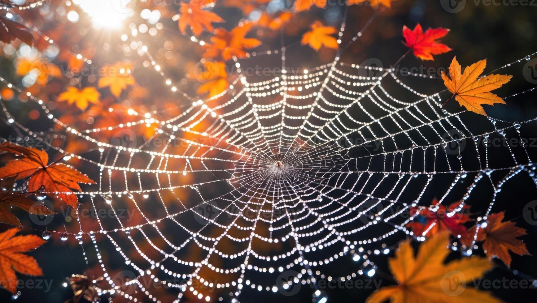 Spiderweb Covered in Dew with Autumn Leaves photo
