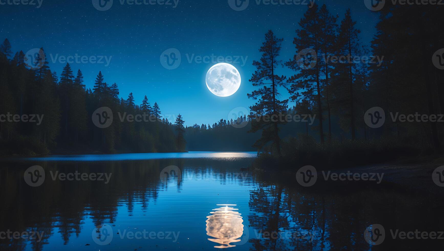 Full Moon Reflecting on Lake Water Surface Surrounded by Forest photo