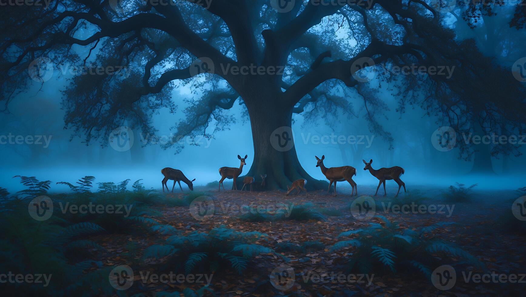 Deer Under Big Tree in Foggy Forest photo