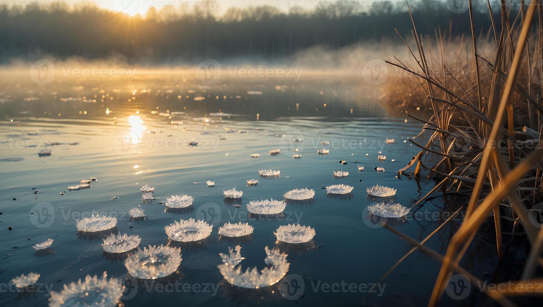 Ice Flower Floating on Lake Surface at Sunrise photo