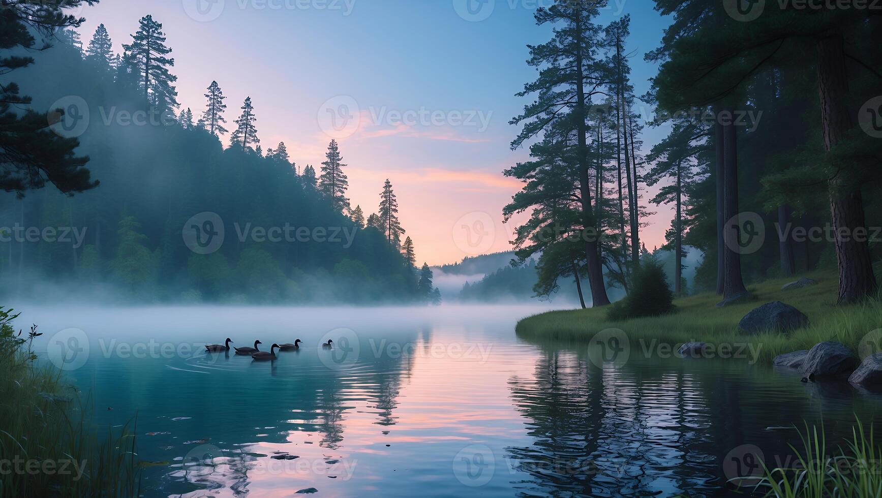 Geese Swim on Foggy Lake Surrounded by Pine Trees photo
