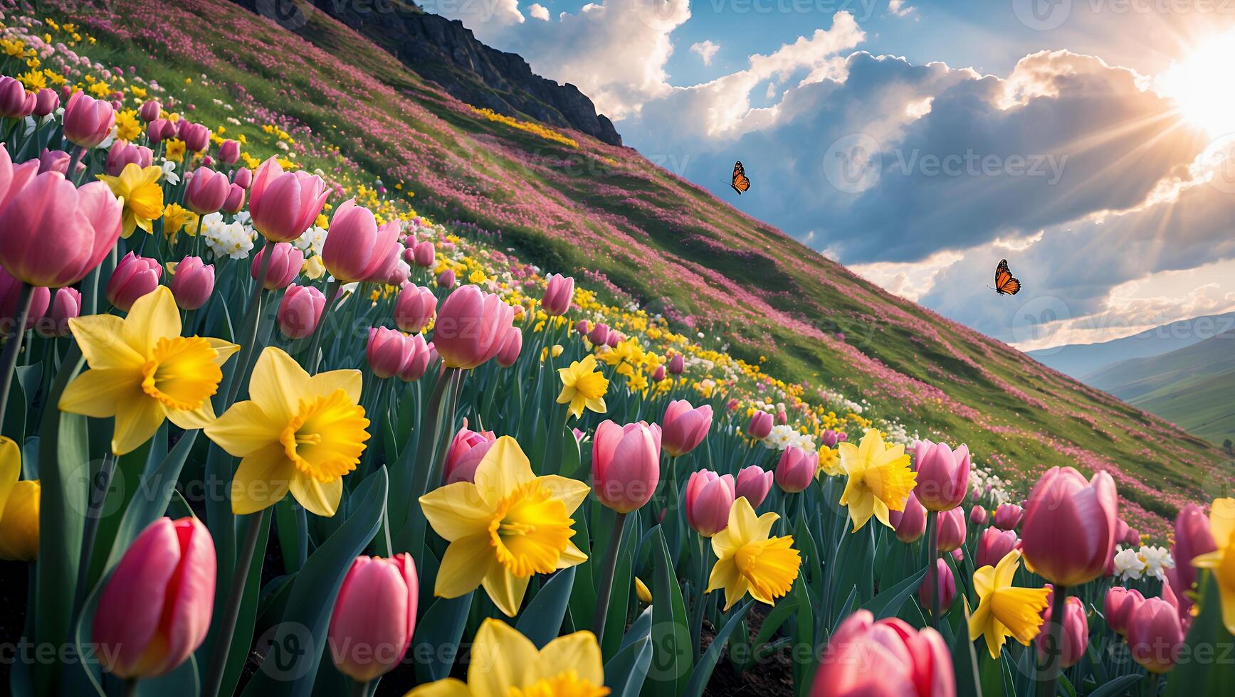 Flower Field with Tulips and Daffodils on a Hillside photo