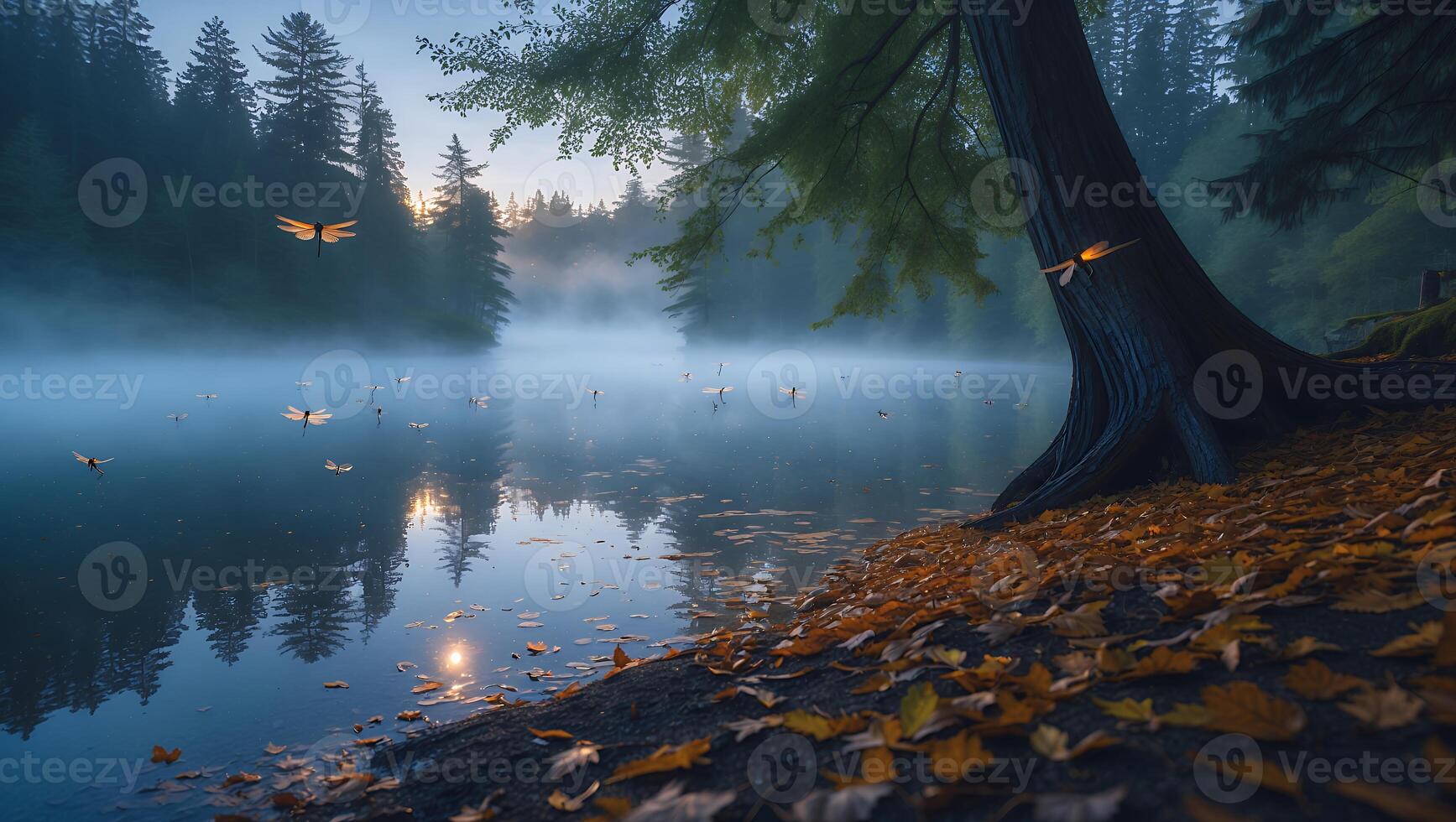 Fireflies Over Misty Lake Surrounded by Autumn Trees photo