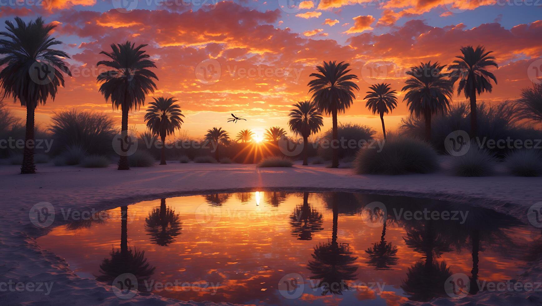 Palm Tree Silhouette in Desert at Sunset Reflecting in Water photo