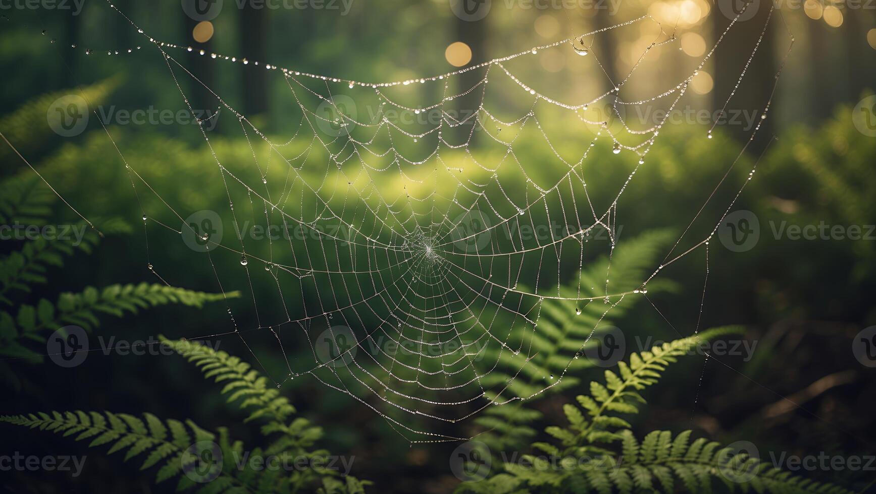 Spiderweb with Dew Drops in Forest photo