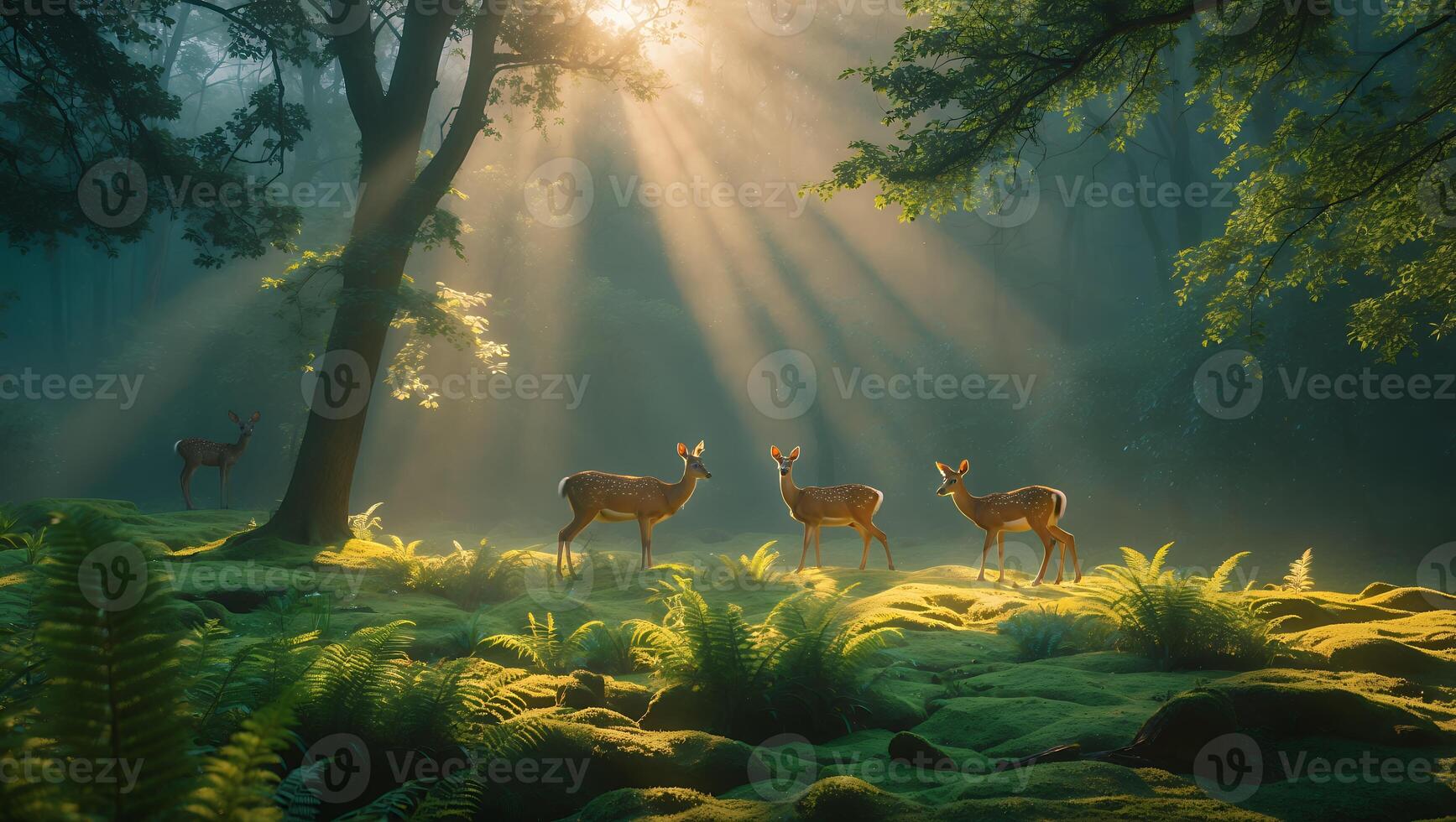 Deer in Forest with Sunlight and Greenery photo