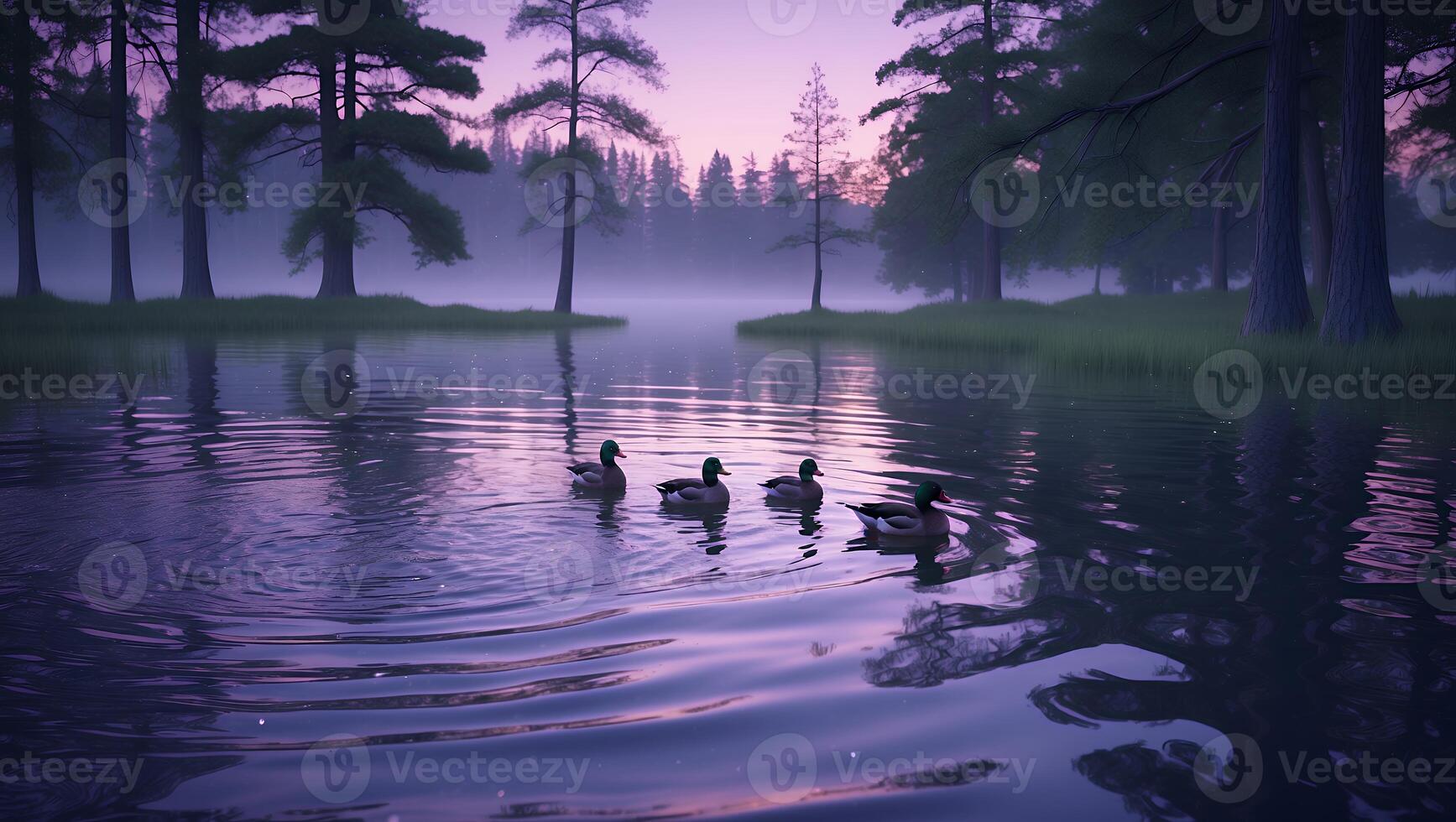 Ducks Swim on Calm Lake at Dusk photo