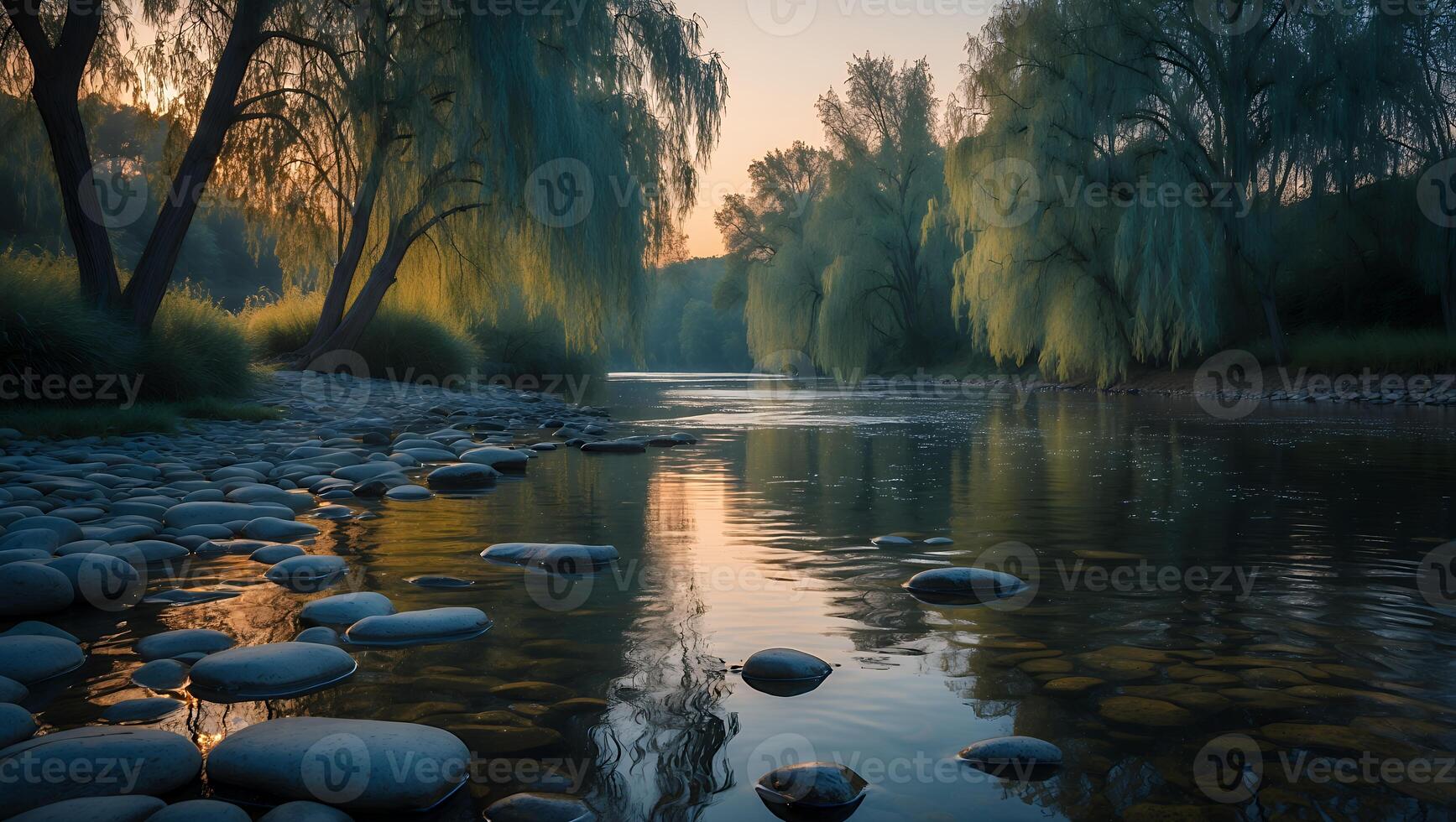River Flows Through Trees at Sunset photo