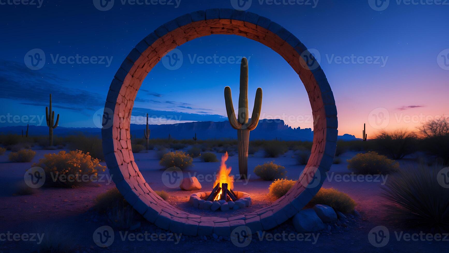 Desert Landscape with Cactus and Fire Pit at Night photo