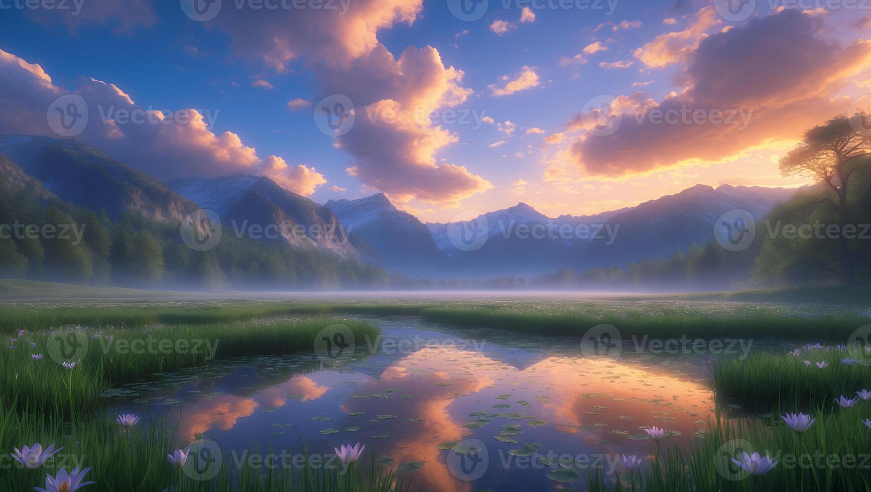 Mountain Lake Landscape at Sunrise with Clouds and Lilies photo