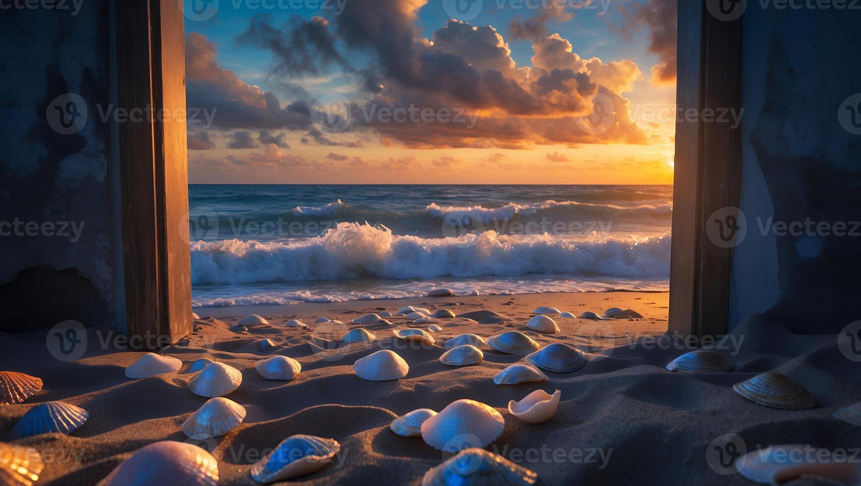 Seashells on Beach at Sunset Through Doorway photo