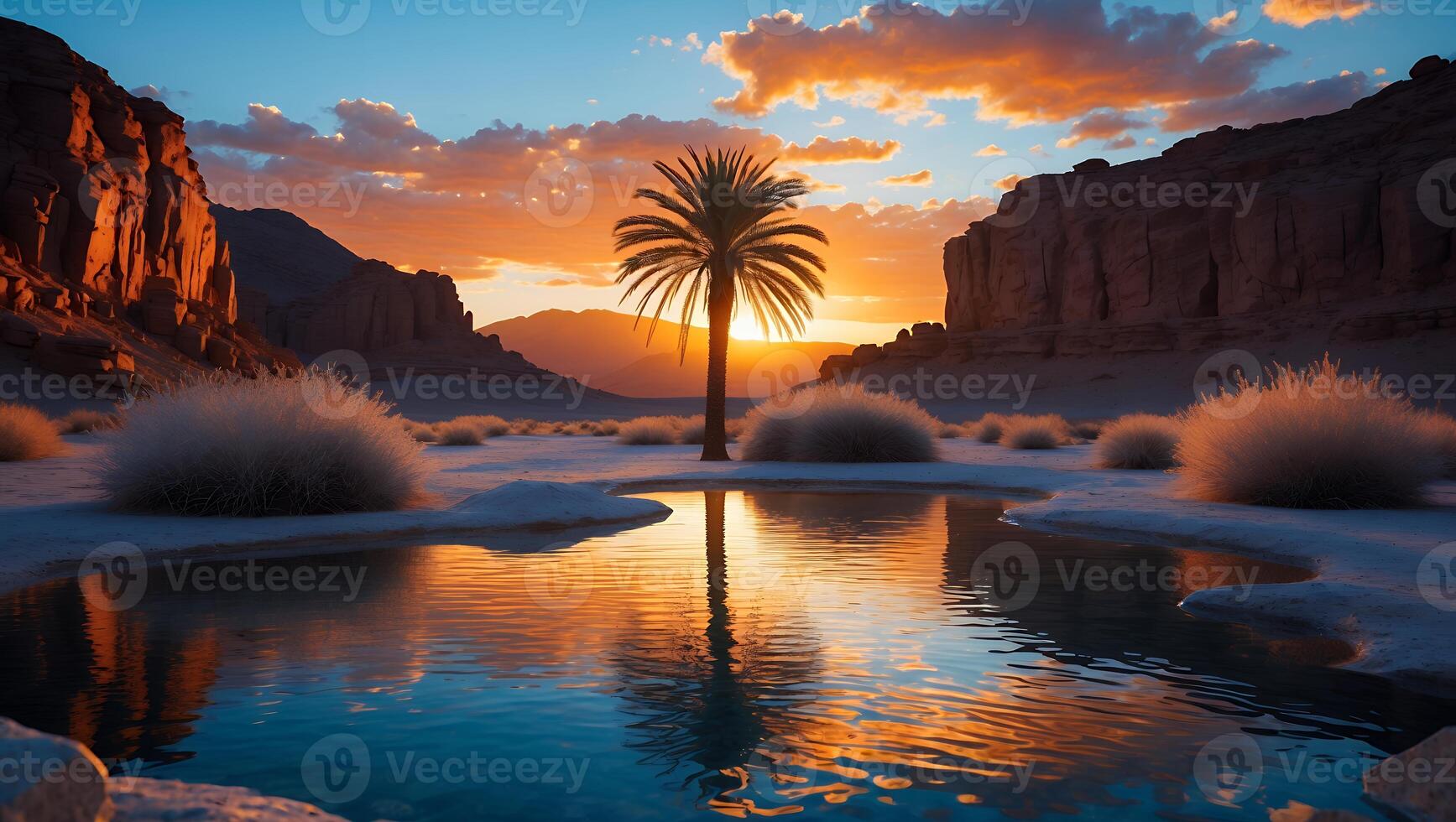 Desert Landscape with Palm Tree at Sunset and Water Reflection photo