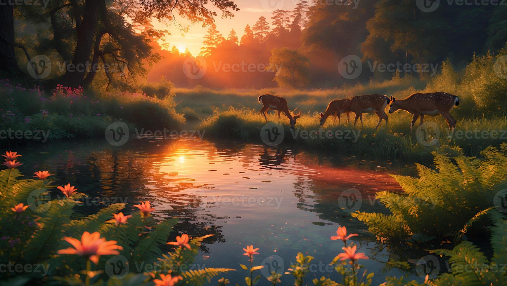 Deer Grazing by a River at Sunset photo