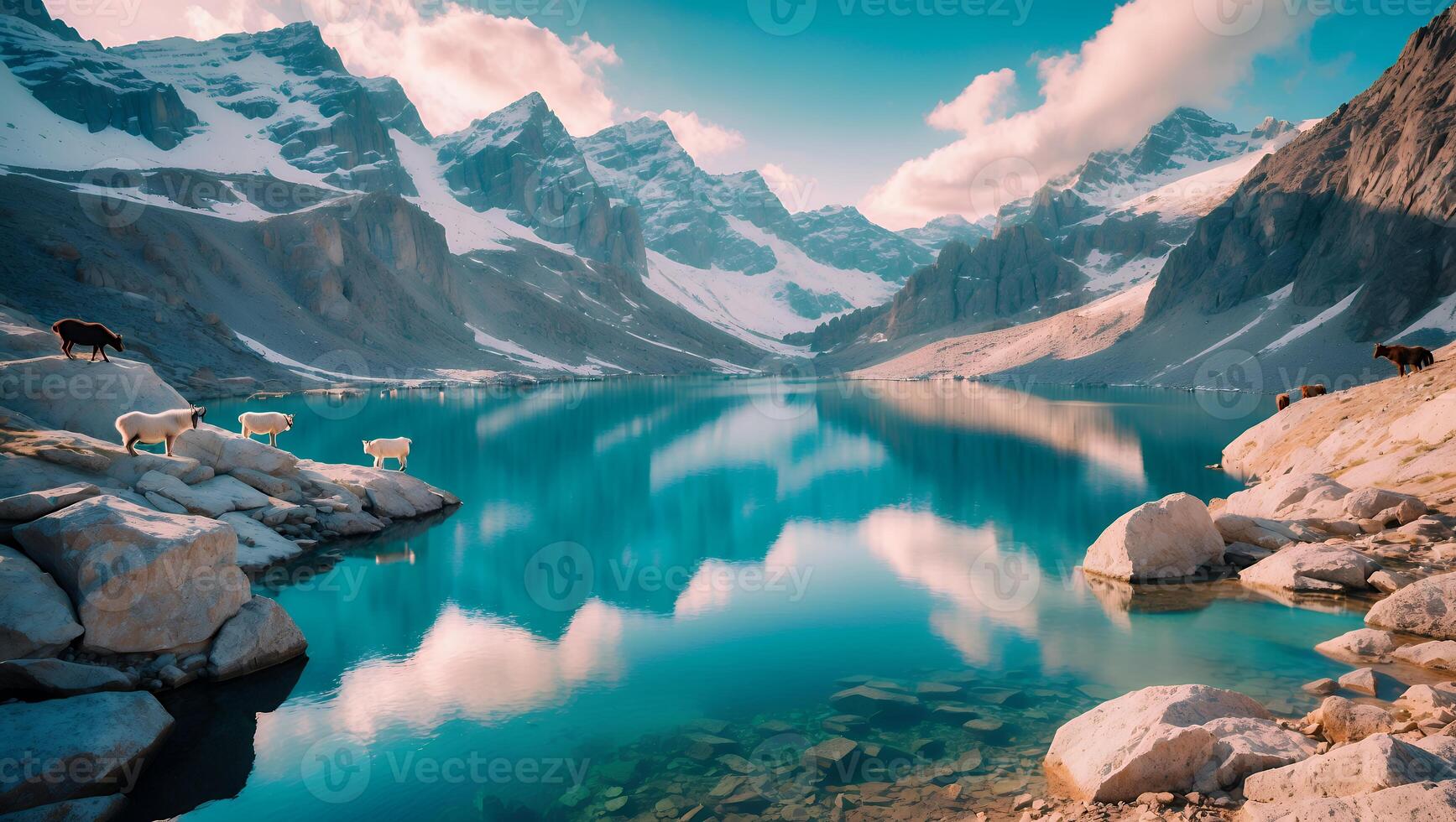 Lake with Mountains and Sheep Landscape photo
