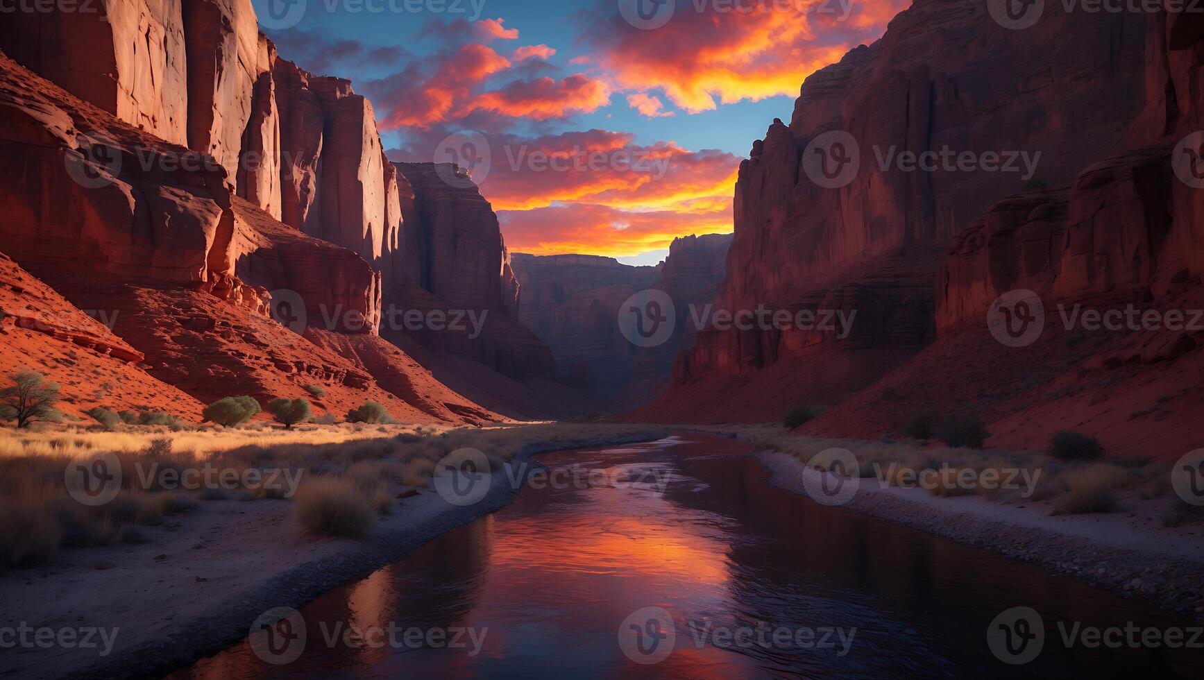 Canyon Landscape with River and Clouds at Sunset photo