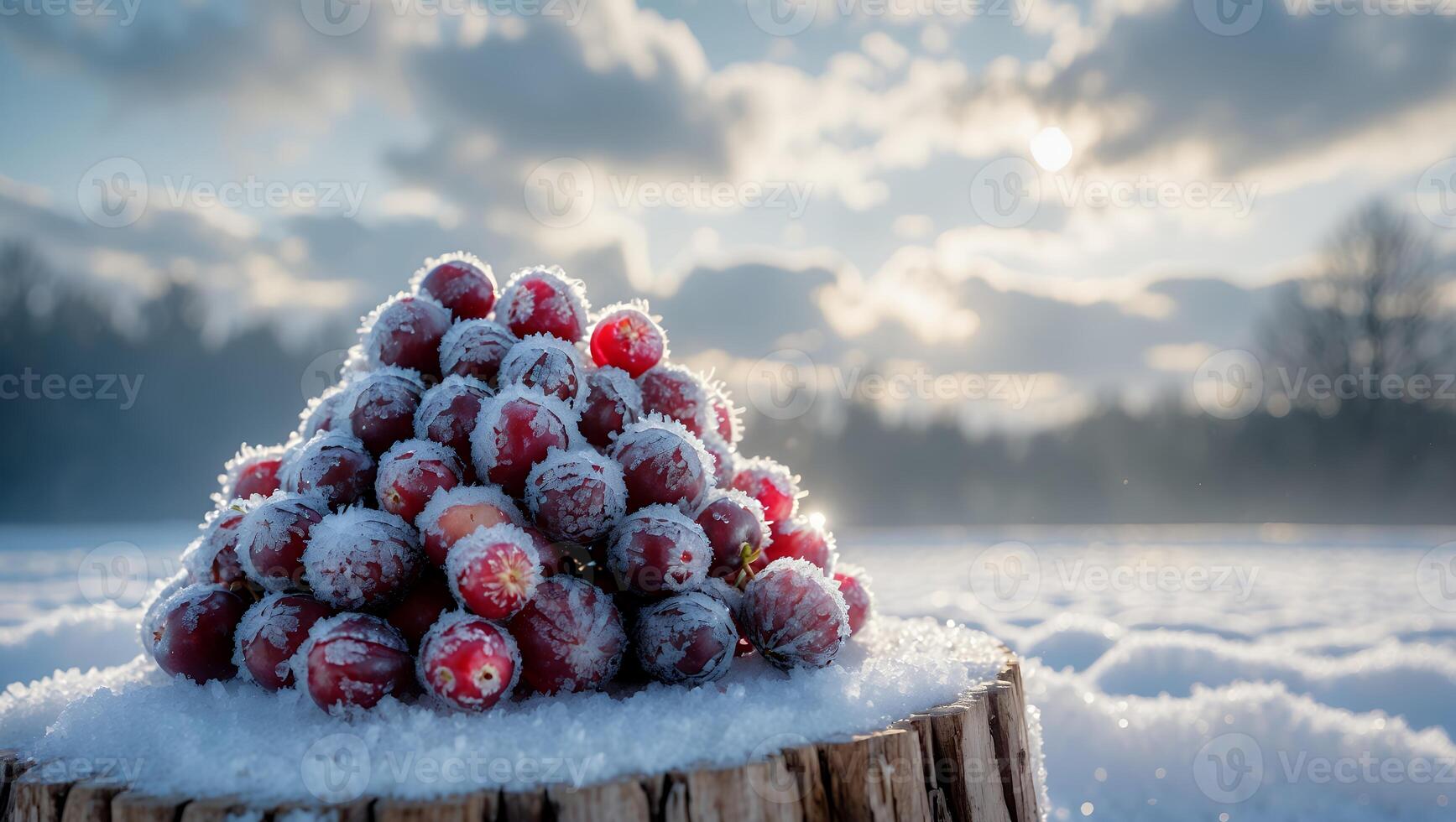 Pile of Frosty Cranberries on Stump in Winter Landscape photo