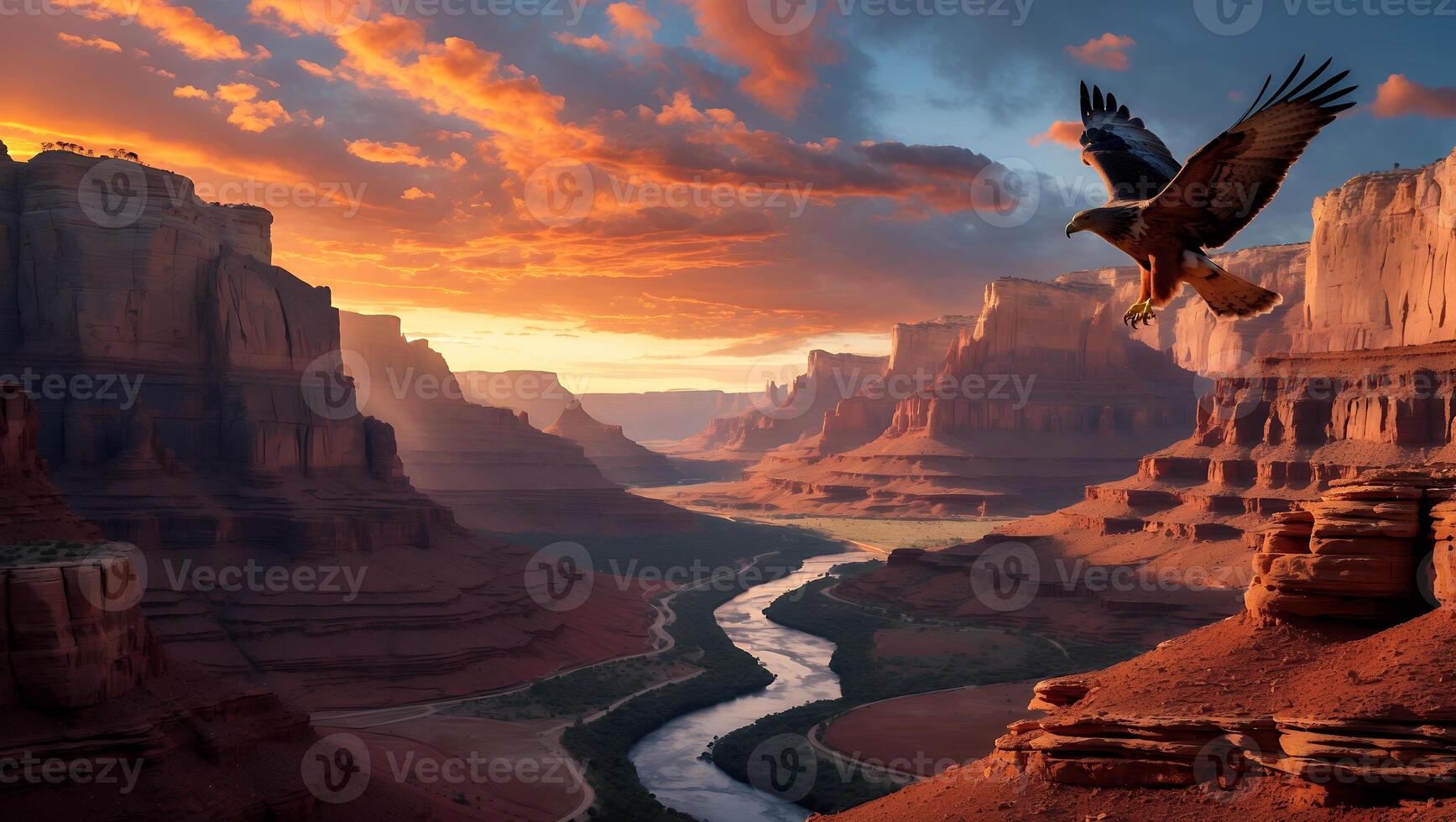 Eagle Flying Over Canyon Landscape at Sunset photo