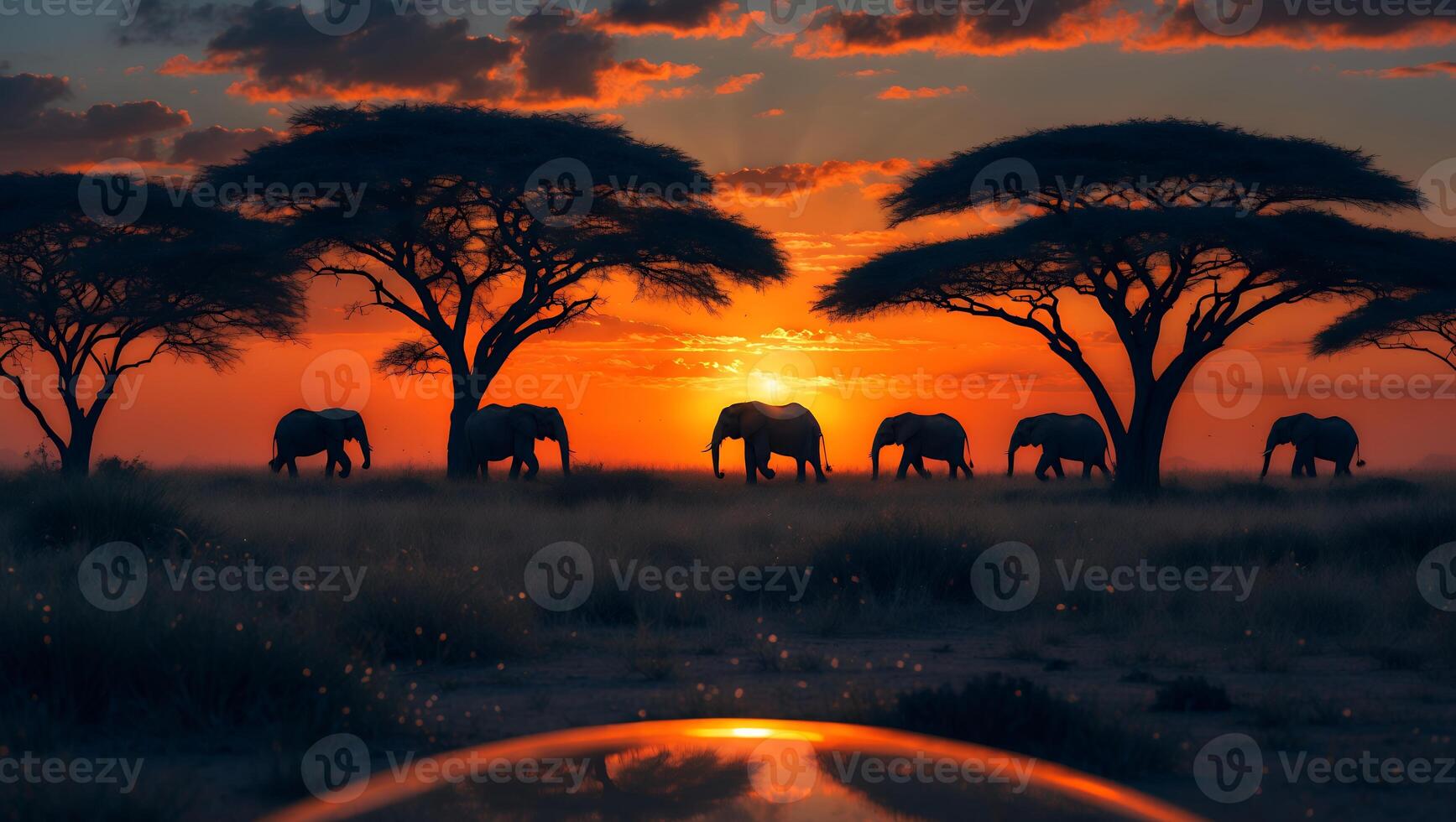 Elephant Under Trees at Sunset in African Savanna photo