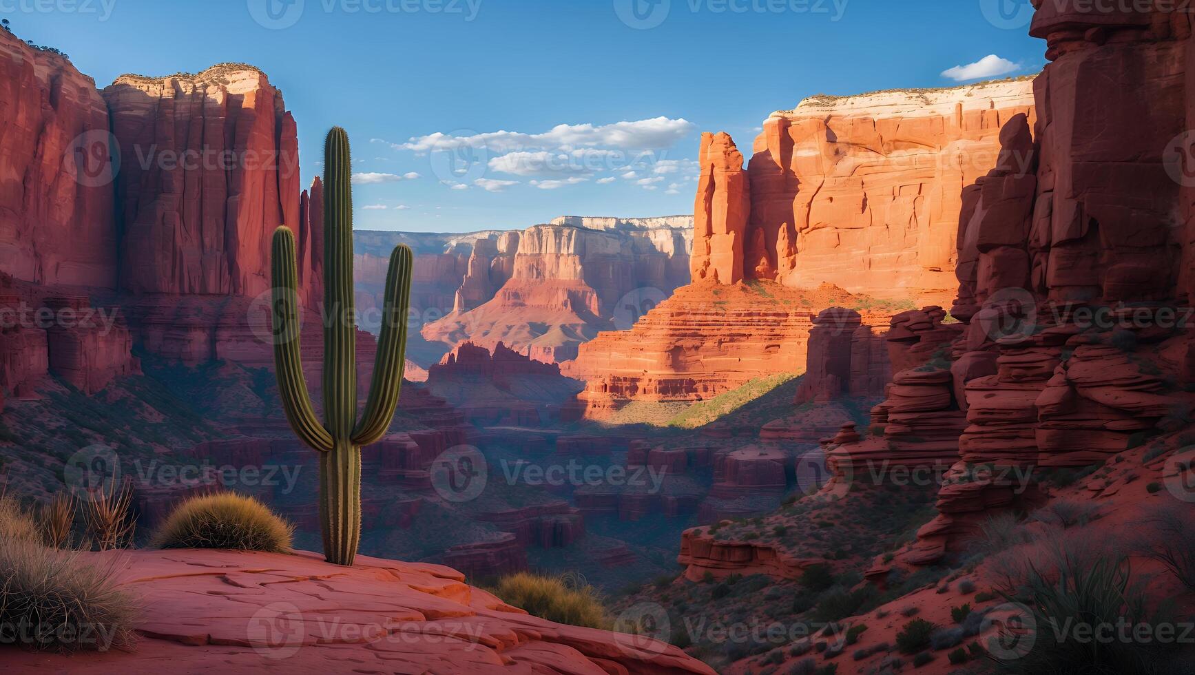 Desert Canyon Landscape with Cactus and Red Rock Formations photo