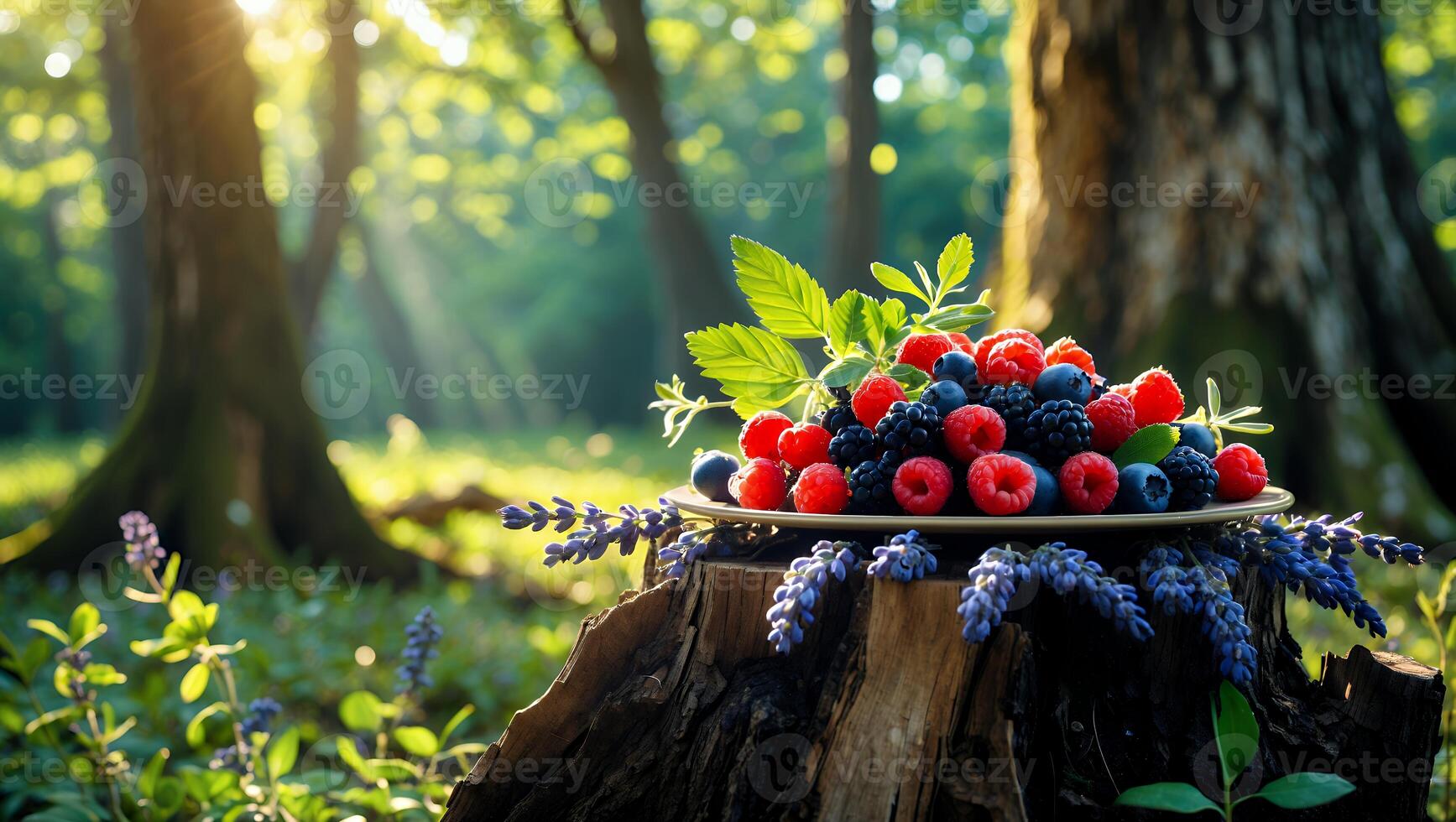 Fresh Berries on Plate in Forest photo