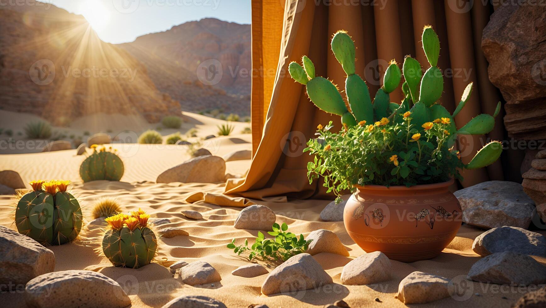 Cactus Plants in Desert Landscape with Sunlight and Sand photo