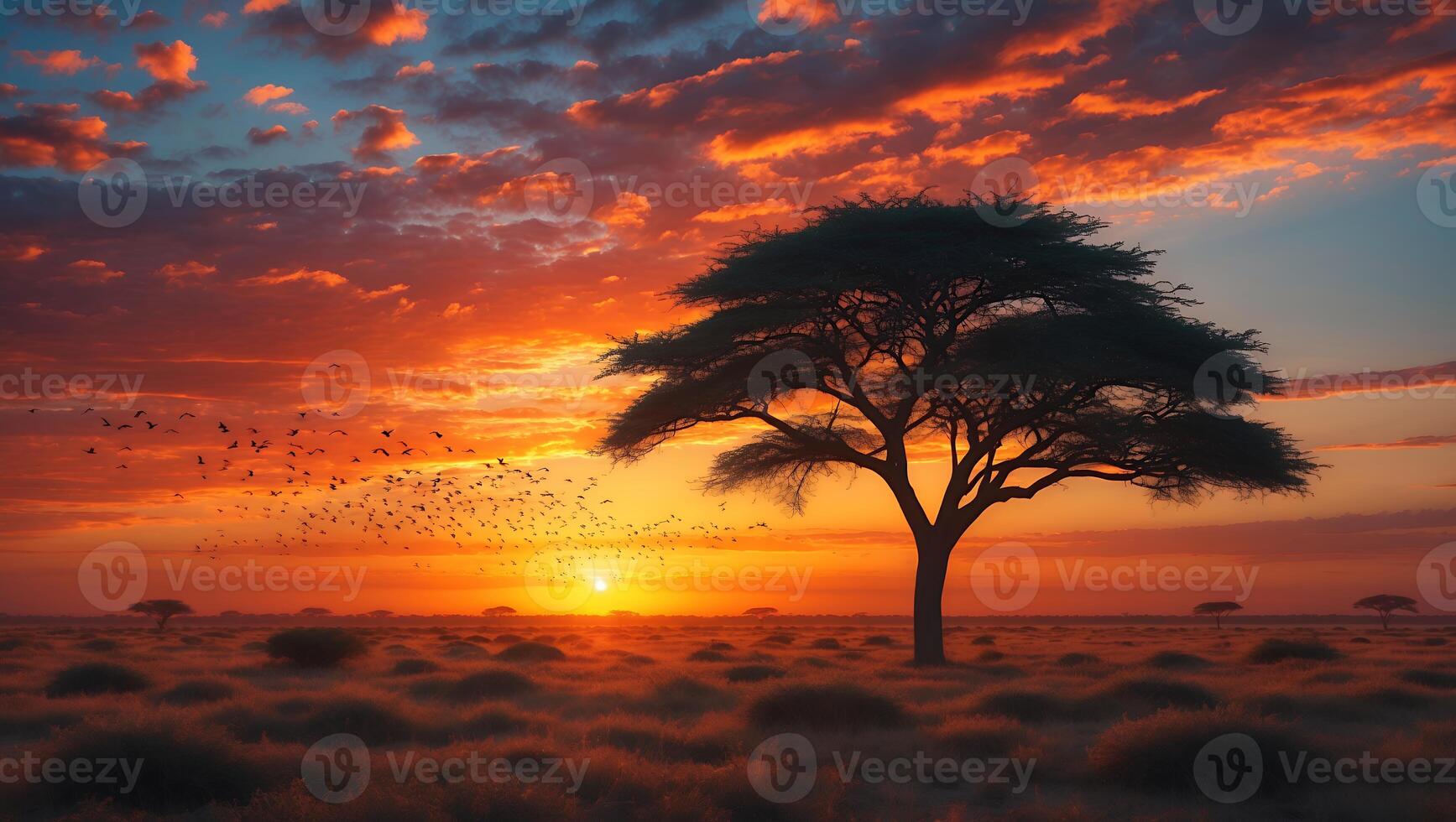 African Landscape with Tree Silhouette Birds and Sunset photo