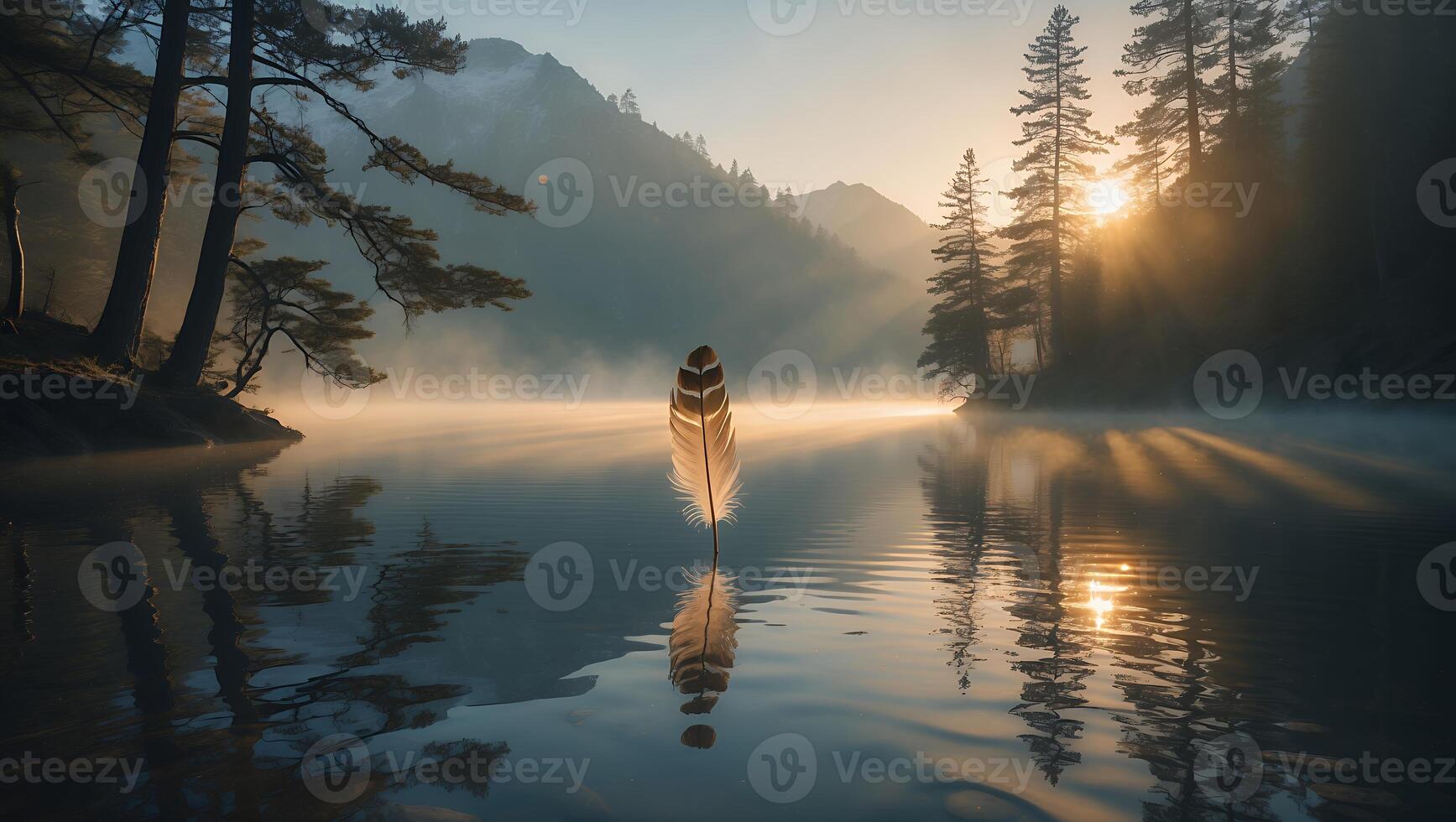 Feather on Misty Lake at Sunrise in Mountain Landscape photo